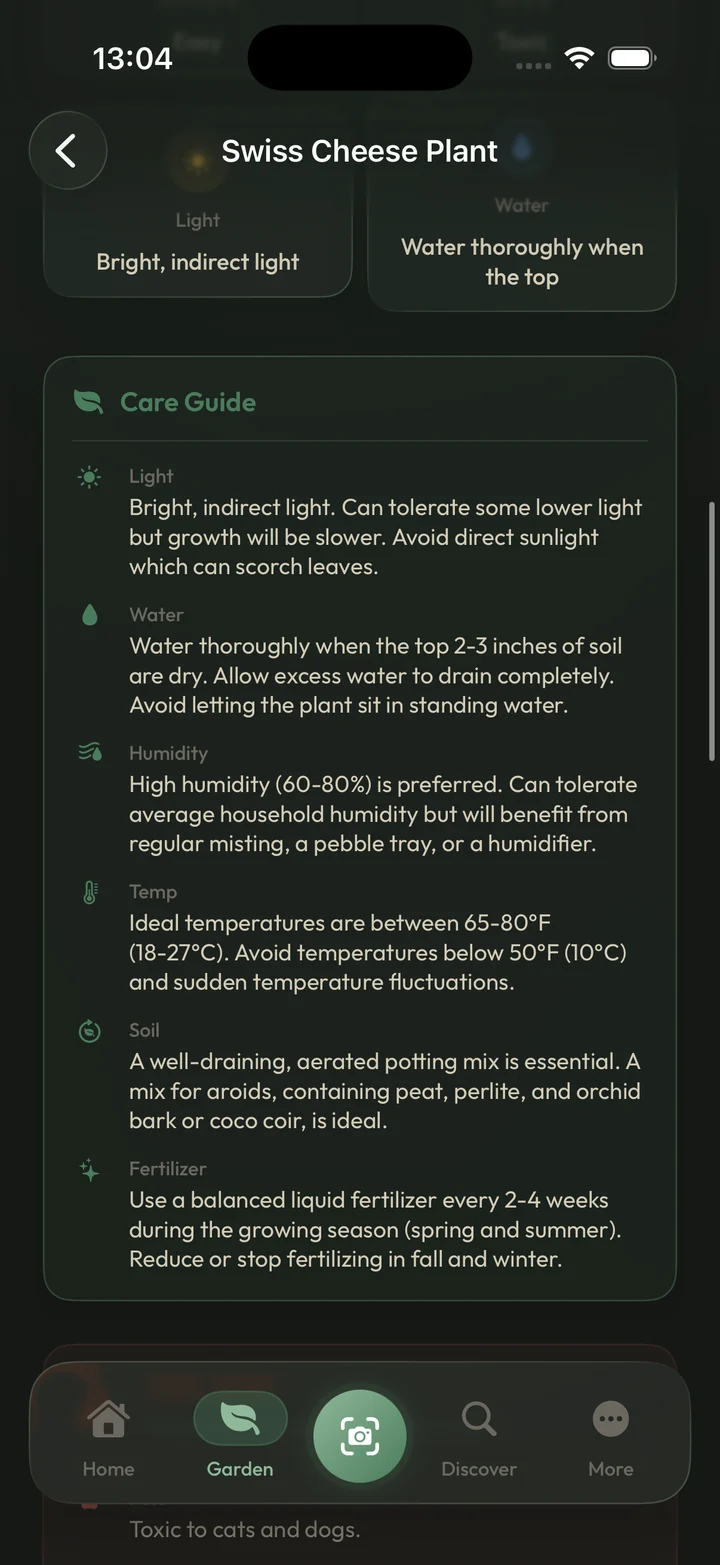 Florium care guide showing light, water, humidity, temperature, soil and fertiliser specifics for a Monstera deliciosa