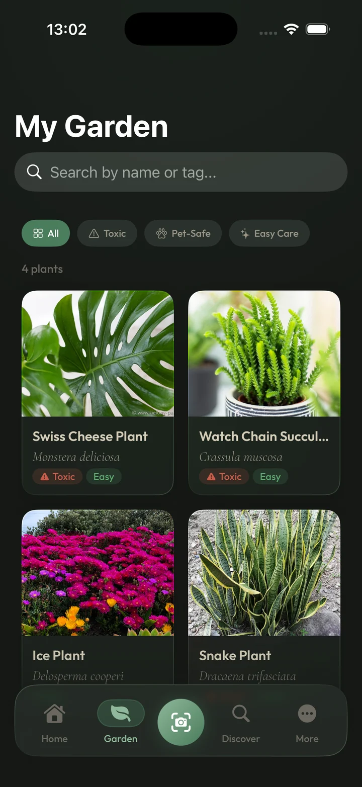 Florium garden screen showing four saved plants with toxicity badges